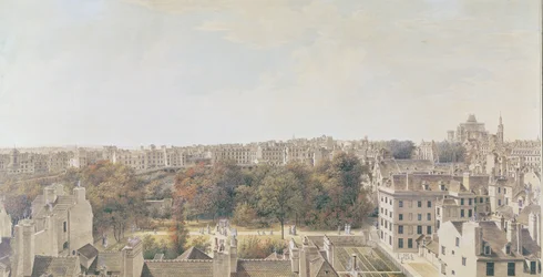 Vista de Paris a partir do Belvedere de M. Fornelle, rue des Boulangers, 1787 (caneta, tinta marrom, wc e guache sobre papel)